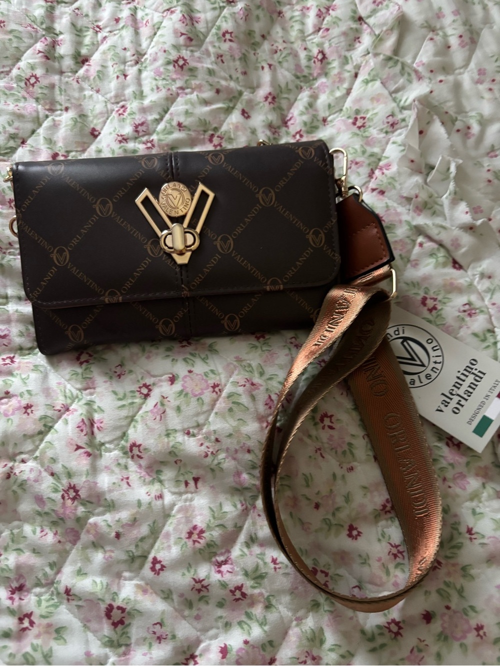 Valentino Orlandi Dark Brown Logo Crossbody Bag with Metallic Brown Strap